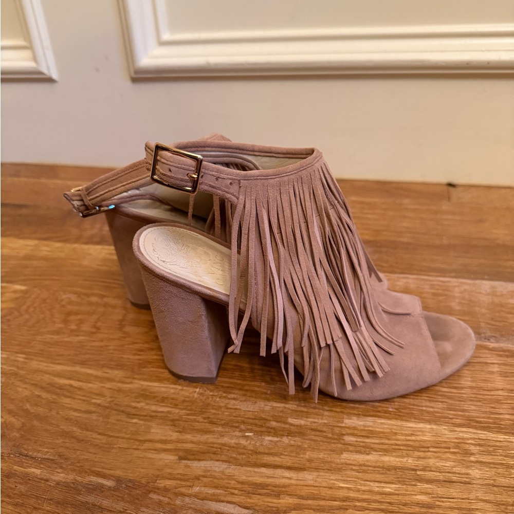Vince Camuto Tan Fringe Block Heel Shoes